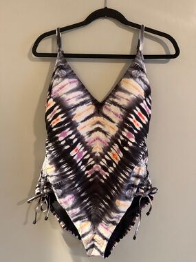 Bar III Black One-Piece Swimsuit with Pink, Orange and Purple Accents